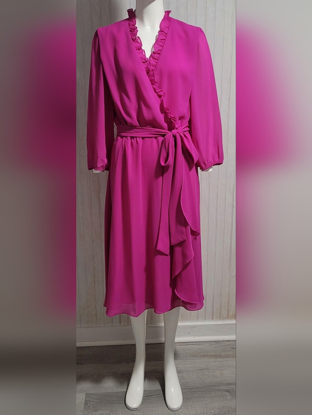 Vintage Miss Elliette California Deep Magenta Ruffle Chiffon Wrap Dress Size 10